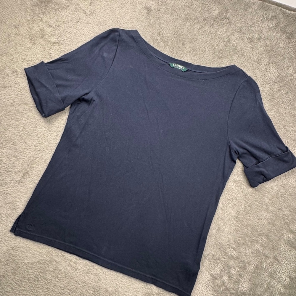 Lauren Ralph Lauren Top Womens XL Navy Blue Excellent Boat Neck Cuffed Sleeve